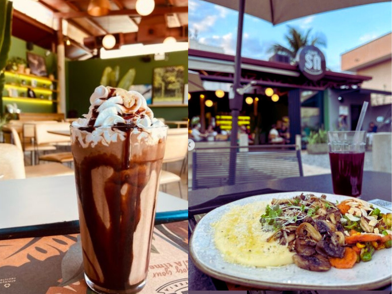 Copo de milkshake; almoço e bebida na área externa. Imagens: Reprodução Instagram.