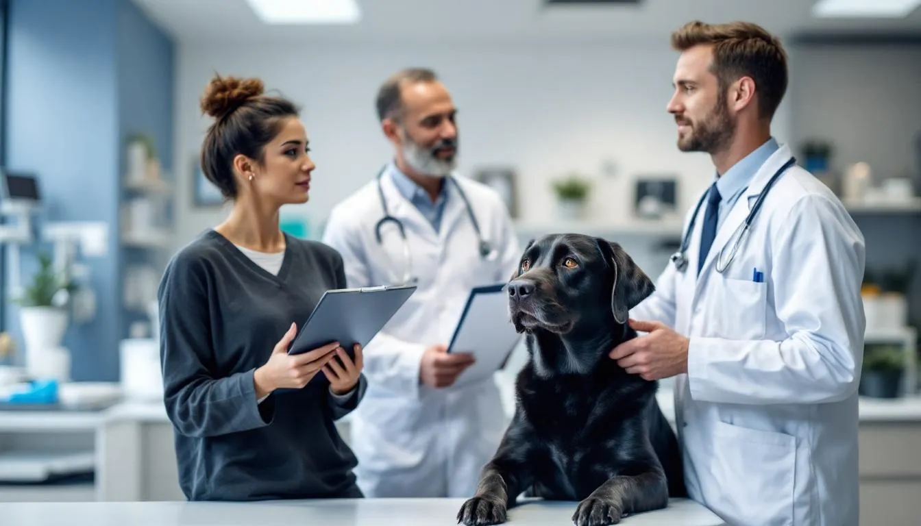 A professional veterinarian in a white coat is attentively discussing the health of a healthy Labrador retriever with its pet owner, while performing an examination to ensure the dog's immune system function is optimal. The scene emphasizes the importance of maintaining a healthy immune system through proper care and nutrition.