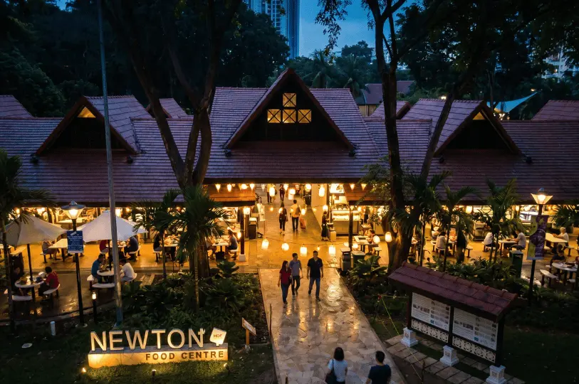 An elevated twilight shot of Newton Food Centre in Singapore, showcasing its iconic orange-tiled roofs, warm ambient lighting, outdoor dining tables, and visitors walking along the central pathway.