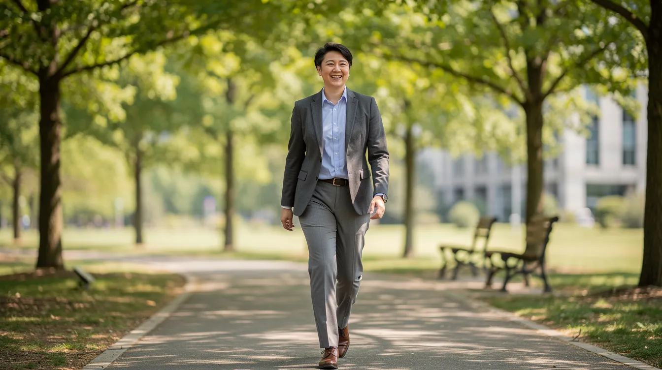 A person dressed in professional clothing strolls along a serene, tree-lined path, exuding a sense of relaxation and emotional stability during a break. This moment reflects the importance of nervous system regulation and body awareness for high performers seeking to manage stress and enhance their well-being.