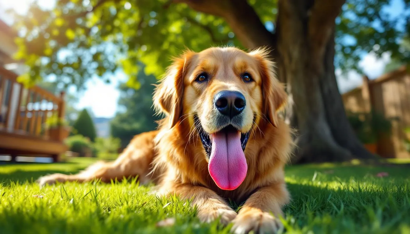 A golden retriever is lying in the shade, panting heavily to cool down on a hot summer day. The dog
