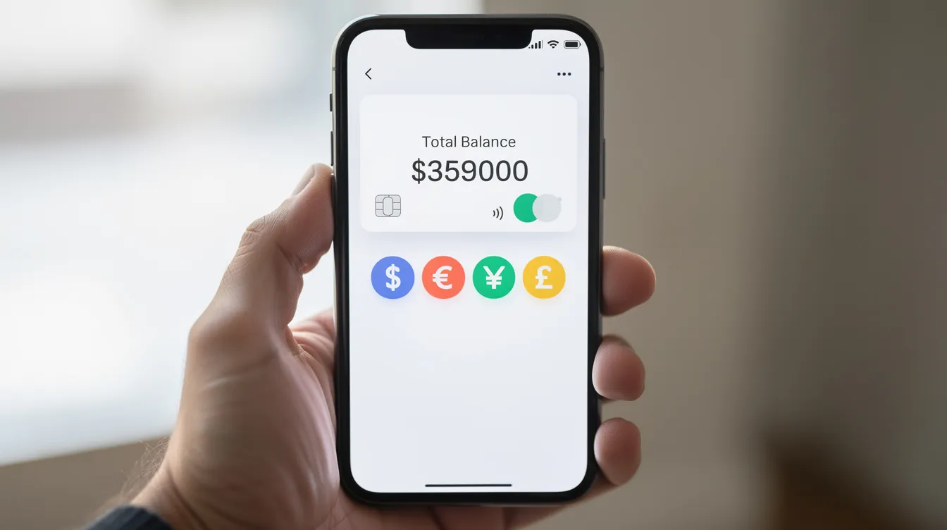 A person is holding a smartphone that displays a digital wallet balance, featuring various currency icons on the screen. This image illustrates the convenience of online payments and money transfers through platforms like Skrill and Neteller.