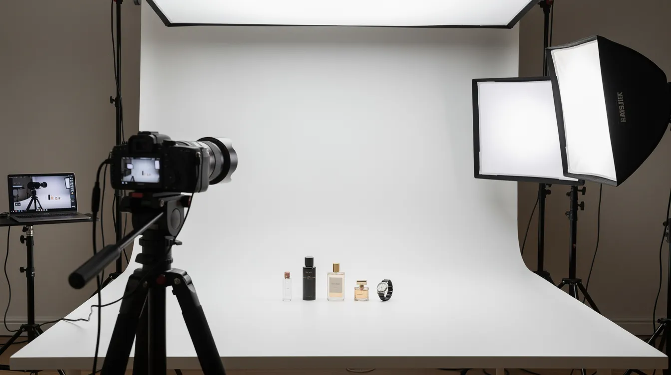 Das Bild zeigt ein professionelles Produktfoto-Setup mit verschiedenen kleinen Artikeln, die für ein Fotoshooting arrangiert wurden, ideal für einen Online-Shop. Dieses Setup zeigt, wie wichtig hochwertige Fotos für ein Aliexpress-Dropshipping-Geschäft sind. Sie tragen dazu bei, das Kundenerlebnis zu verbessern und die Produktlistung zu optimieren.