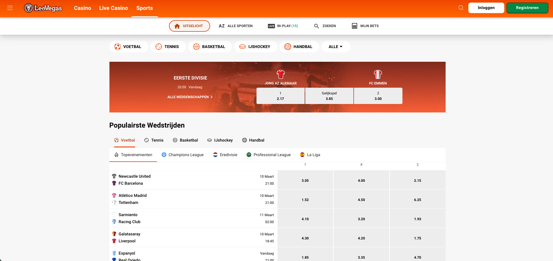 Overzicht van sportweddenschappen bij LeoVegas sportsbook, waar spelers kunnen inzetten op voetbal, tennis, basketbal en andere sporten, inclusief live betting en populaire wedstrijden uit competities zoals de Champions League en La Liga.
