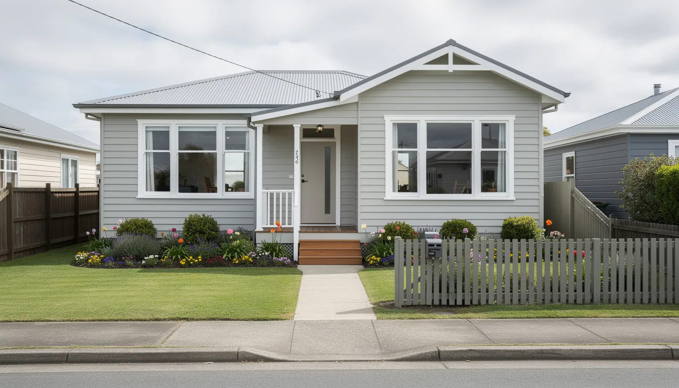 The image showcases the exterior of a classic weatherboard home in Hamilton, featuring large aluminium joinery windows that enhance its traditional colonial style. The tidy garden complements the house, which could benefit from modern double glazing solutions to improve insulation and reduce heat loss.
