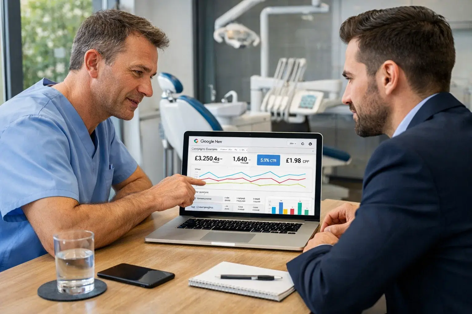Dentist meeting with marketing consultant to review PPC campaign strategy