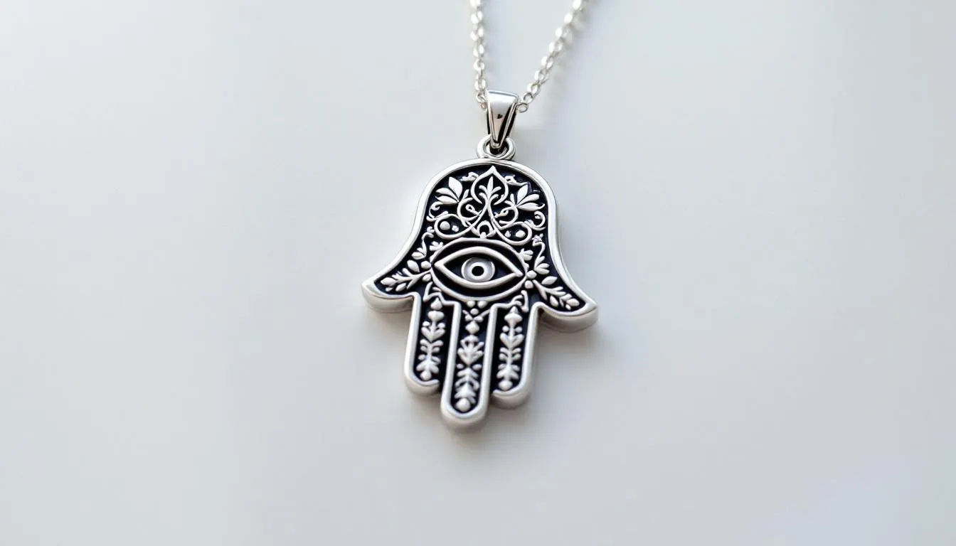 The image features a beautifully crafted hamsa hand bracelet, showcasing the intricate design of the hamsa symbol, which is often associated with protection and good fortune across various cultures. The bracelet, adorned with an eye symbol to ward off evil, reflects the rich history and spiritual significance of the hamsa hand in Jewish and Islamic traditions.