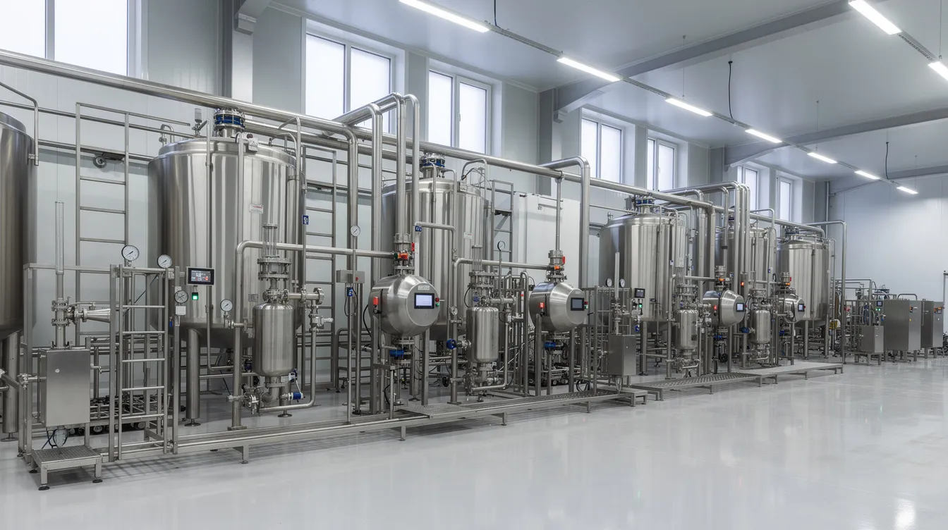 cefc2391 37e0 44e9 a3ca 8cc07ed05bac The image shows a modern dairy processing plant equipped with industrial stainless steel machinery designed for processing fresh milk into various dairy products like evaporated milk and sweetened condensed milk. The factory hall features storage tanks and automated systems that ensure consistent product quality and compliance with industry standards.