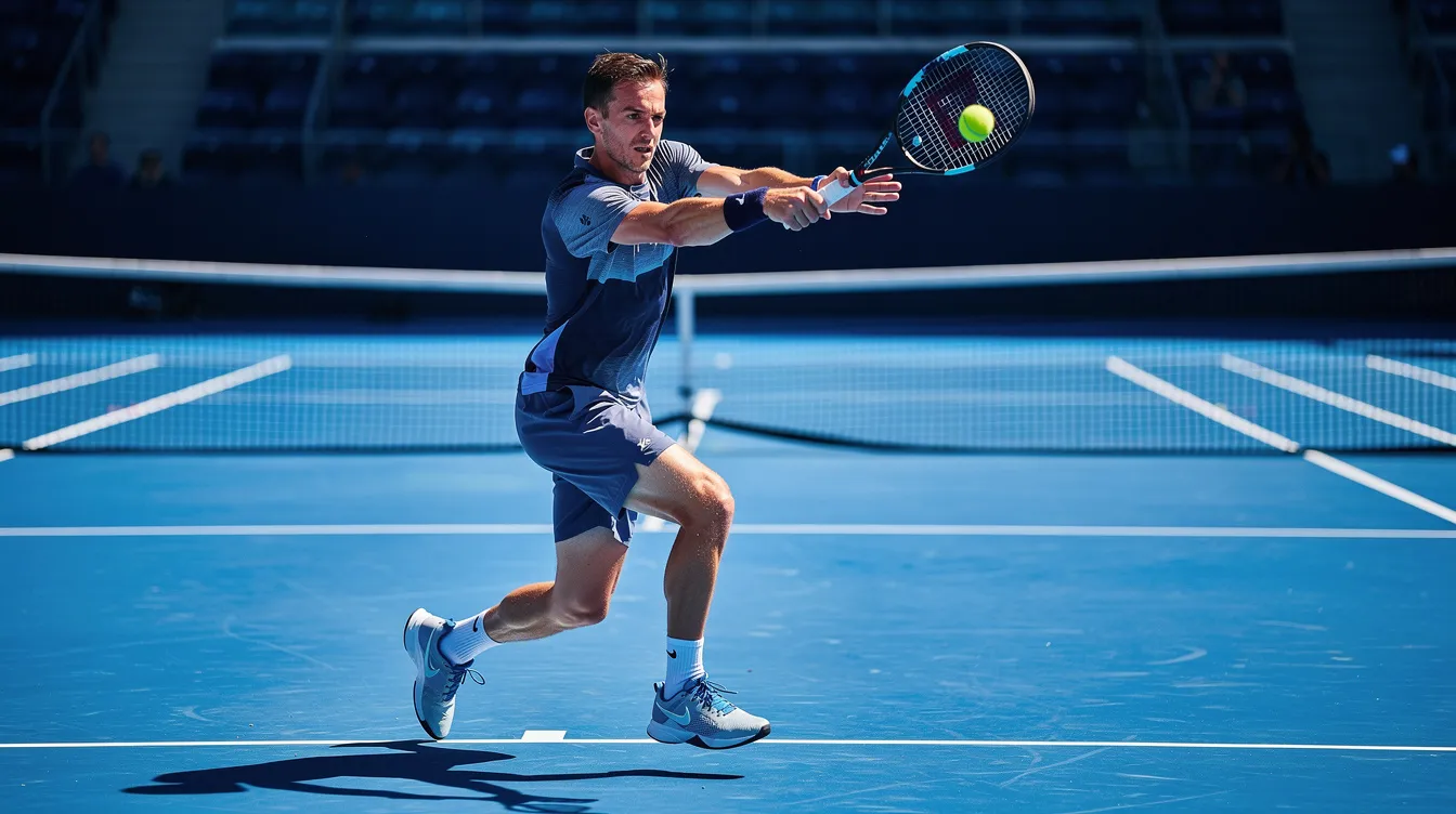 A right-handed tennis player is executing a powerful two-handed backhand on a hard court, showcasing full body rotation while the sun shines brightly. The player demonstrates control and strength as they prepare to hit the ball at waist height, emphasizing the importance of grip and stability in their shot.