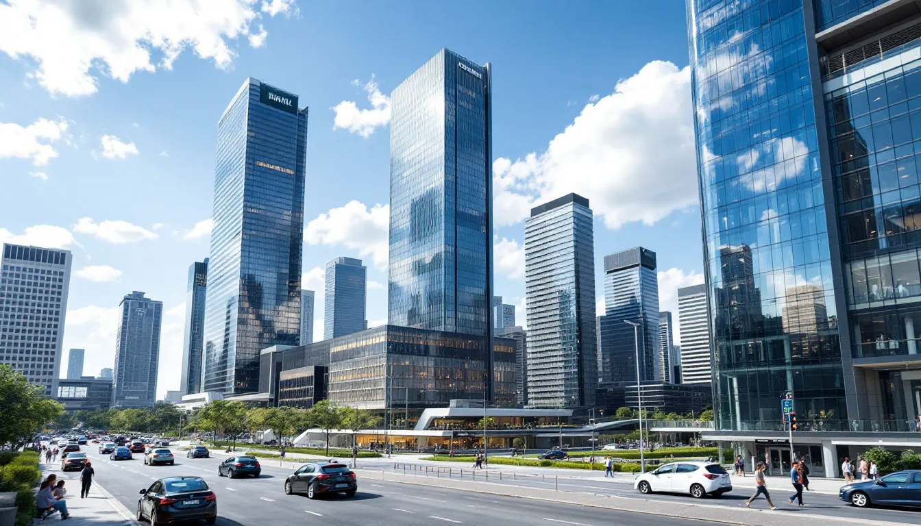 A vibrant Brazilian business district is depicted, showcasing modern commercial buildings and sleek office towers that reflect the country's dynamic mercado imobiliário. This image highlights the urban landscape where investidores can explore opções de investimento, including fundos imobiliários, to enhance their portfolios.