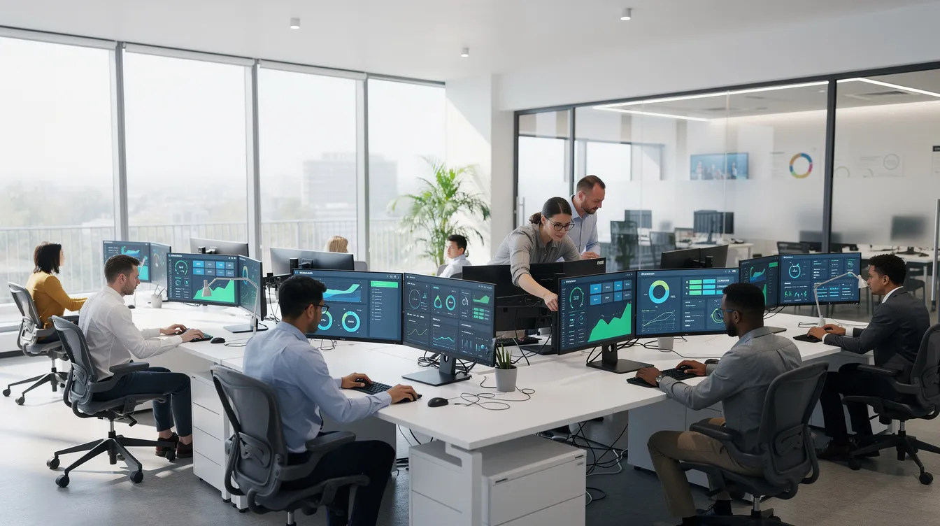 Modern office with professionals working alongside AI agents to automate complex tasks and enhance business processes.