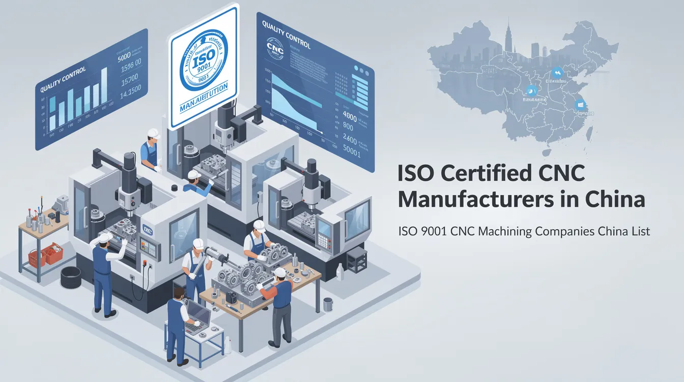 The image showcases a list of ISO Certified CNC manufacturers in China, highlighting top CNC machining companies that provide precision CNC machining services. It emphasizes their capabilities in CNC milling, CNC turning, and rapid prototyping, catering to various industrial sectors with a focus on quality control and cost efficiency.