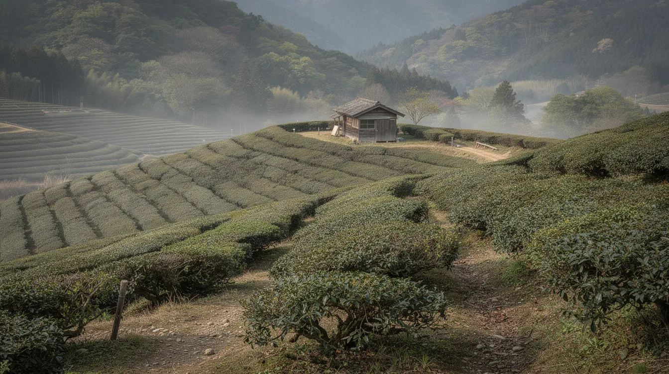 Das Bild zeigt die malerischen Teefelder in Wazuka, Kyoto, Japan, mit sanften Hügeln, die mit unregelmäßigen Reihen von Camellia sinensis Teepflanzen für die Produktion von grünem Tee und Matcha bedeckt sind. Zwischen den Pflanzen verlaufen schmale Erdwege, und im Hintergrund ist eine kleine, typische Holztee-Hütte zu sehen, umgeben von bewaldeten Bergen und einer ruhigen ländlichen Atmosphäre.