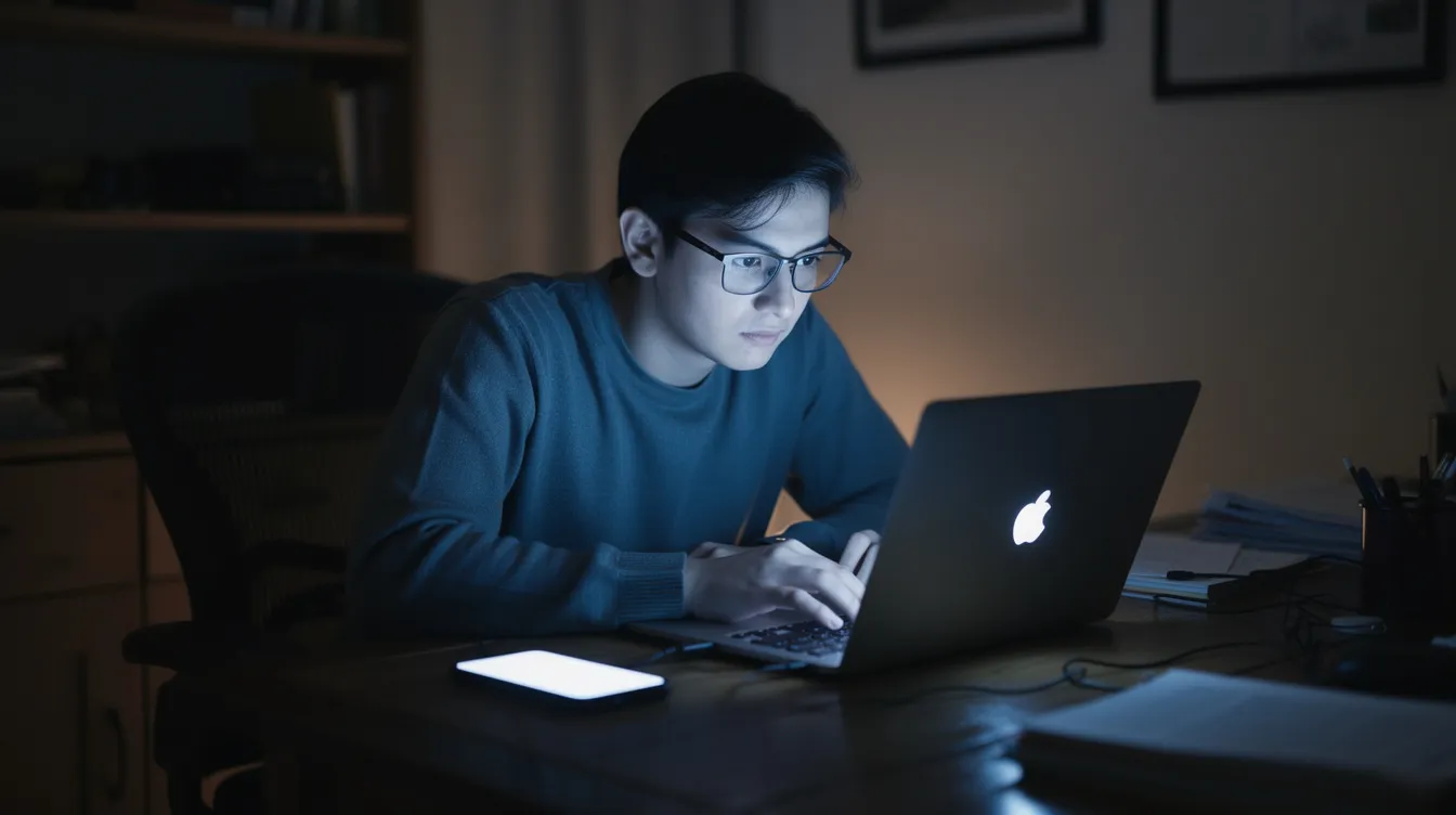 A person is seated at a desk in a dimly lit room, focused on a bright laptop screen while holding a smartphone. This scene captures the essence of online gambling, highlighting the importance of self-exclusion and the need for legal protection in an increasingly digital landscape.