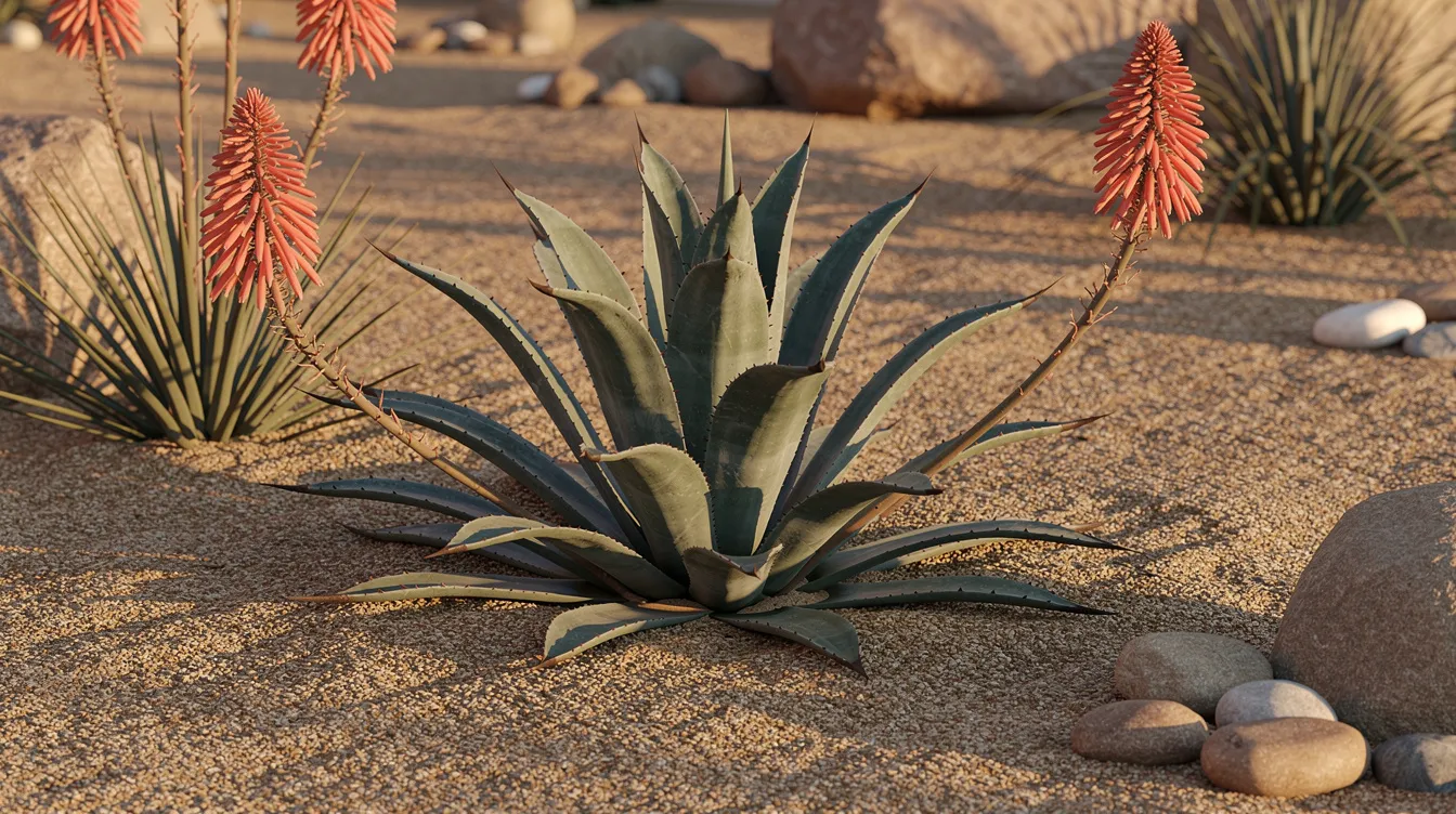 A close-up view of a desert rock garden showcases agave and red yucca plants surrounded by decomposed granite ground cover, all illuminated by warm sunlight. This outdoor space reflects smart landscape design ideas, highlighting the beauty and low maintenance features of native plants in a harmonious landscape plan.