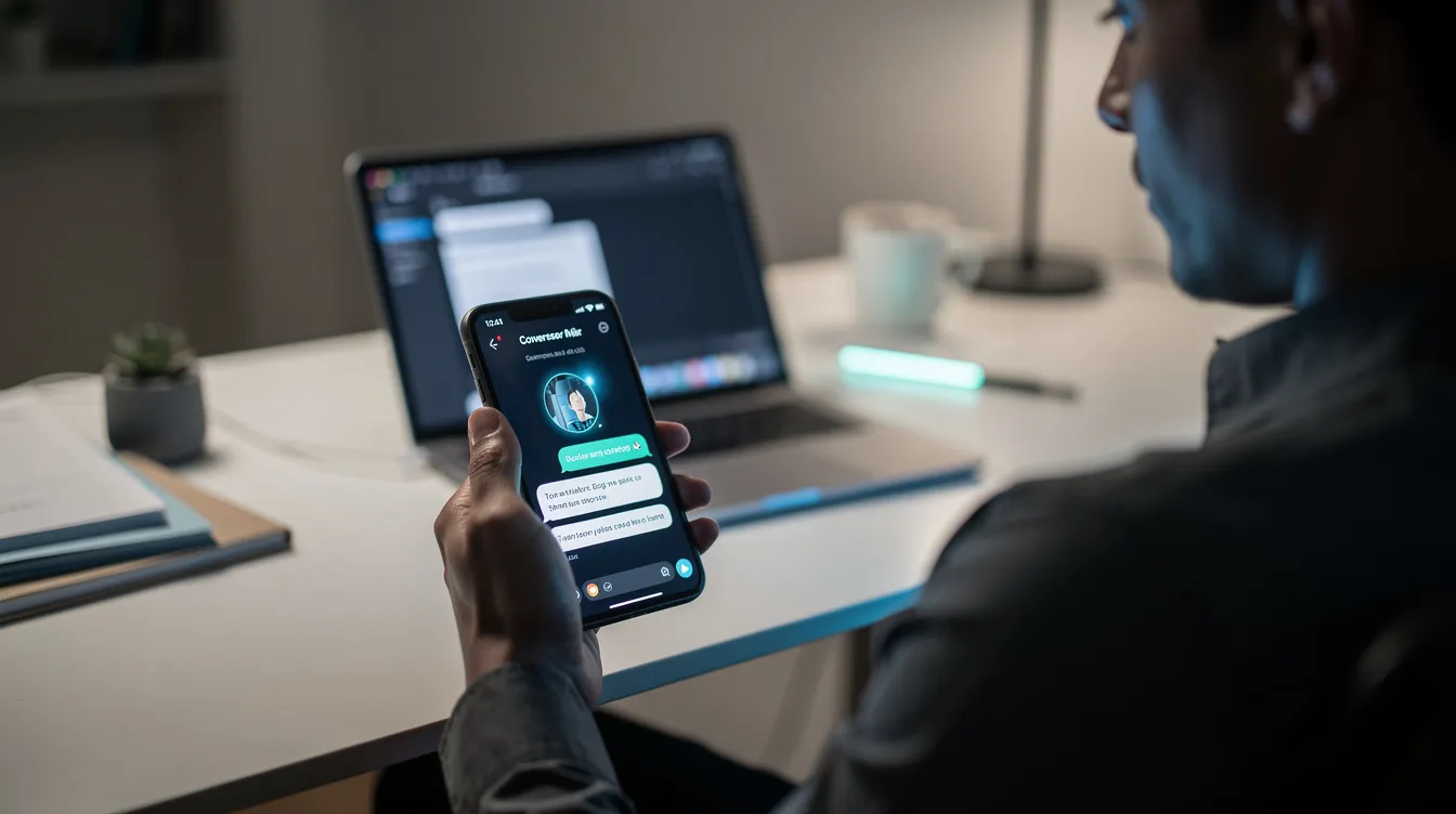 A person is sitting at a modern desk, holding a smartphone that displays a glowing conversational AI interface, emphasizing the role of artificial intelligence in enhancing user experiences and search results. The scene captures the intersection of technology and business, showcasing how AI visibility is becoming essential for brands in today's digital landscape.