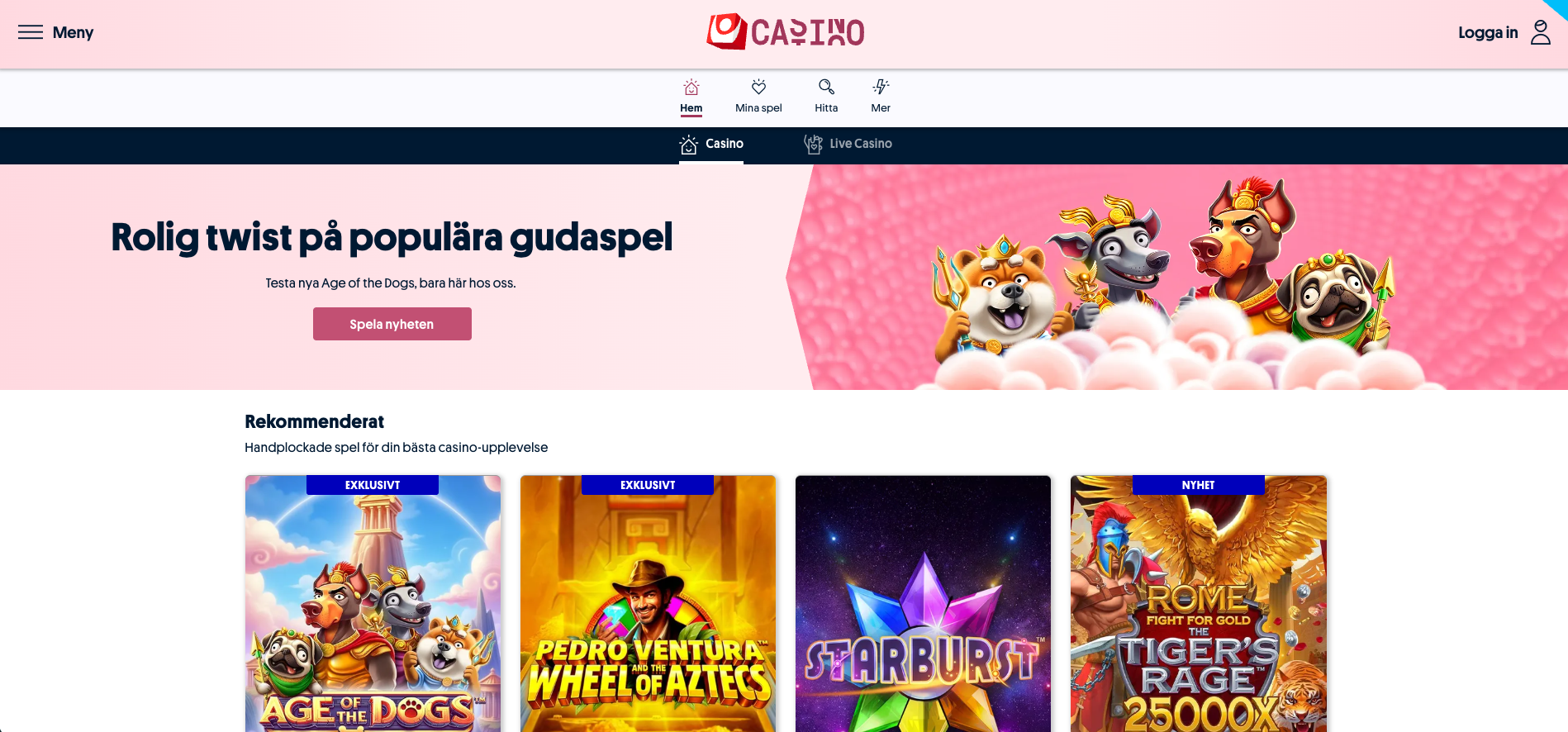 Startsida hos Svenska Spel Casino med nya spel som Age of the Dogs och stort utbud av slots och casinospel online i Sverige