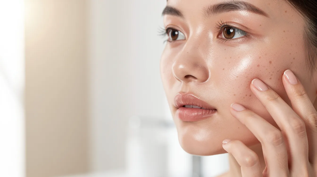 A person with healthy, glowing skin is closely examining their face, highlighting their skin texture and radiance. This image emphasizes the importance of collagen supplements and a balanced diet for maintaining skin elasticity and promoting healthy aging.
