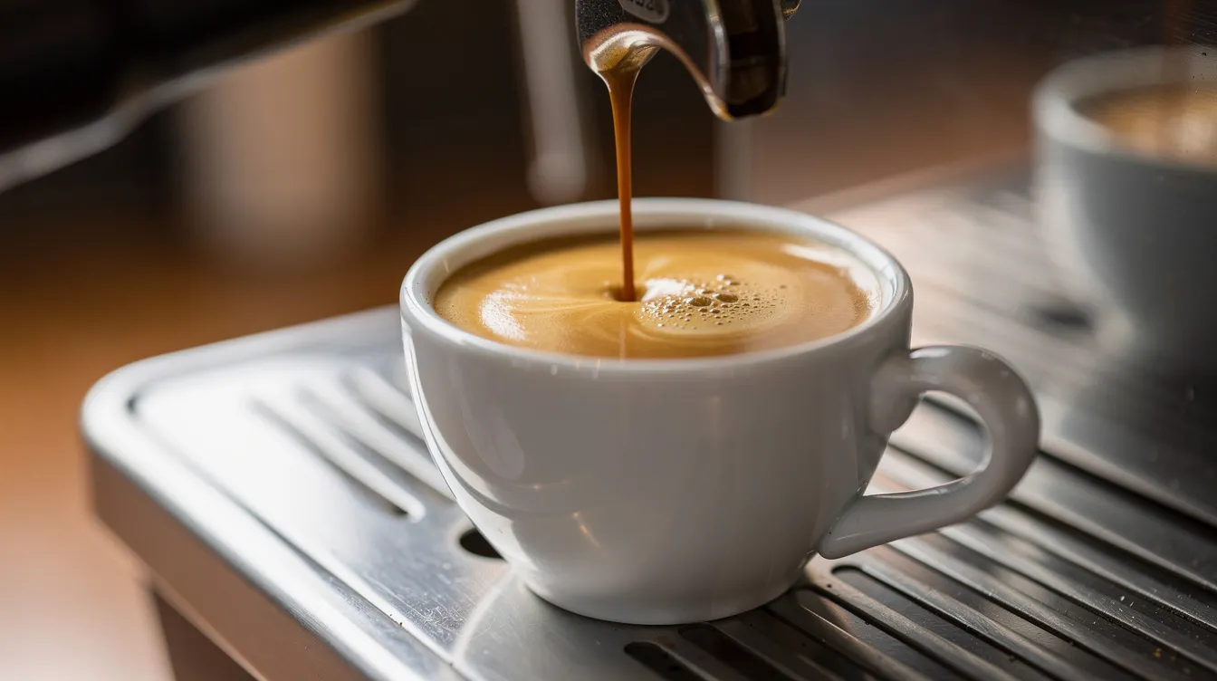 Un espresso recién preparado fluye en una taza pequeña de cerámica blanca, mientras una suave crema dorada se forma en la superficie. La imagen evoca una sensación de calidez y autenticidad, reflejando la identidad del café perfecto.
