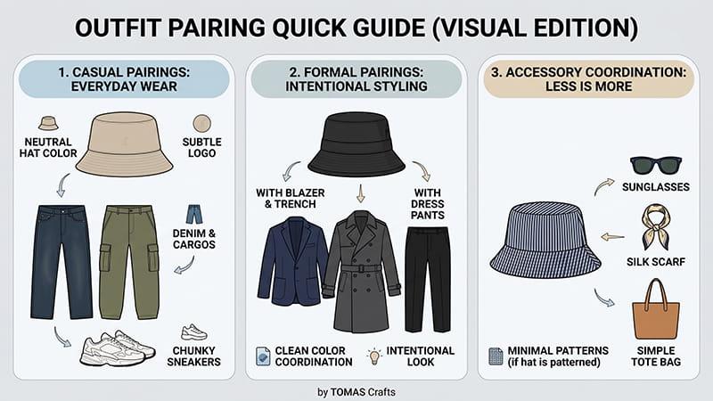 Bucket hat outfit pairing guide showing casual, formal, and accessory-coordinated looks with neutral bucket hats.