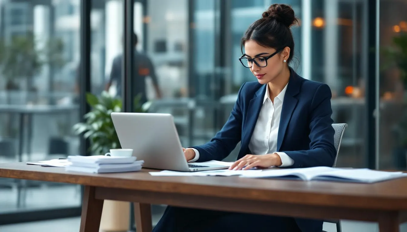 A professional woman is seated at a modern office desk, intently reviewing documents related to her job search process. The workspace is organized and equipped with tools that assist in managing job applications and optimizing her resume for potential positions.
