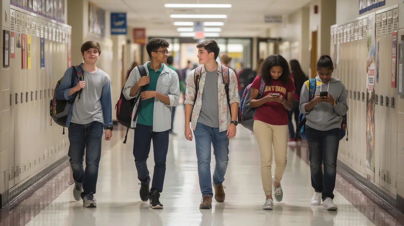 A group of diverse teenagers is walking through a school hallway, carrying backpacks and some looking at their phones. This scene captures the social dynamics of young people during their teenage years, where they navigate peer pressure and the influence of friends in a school environment.