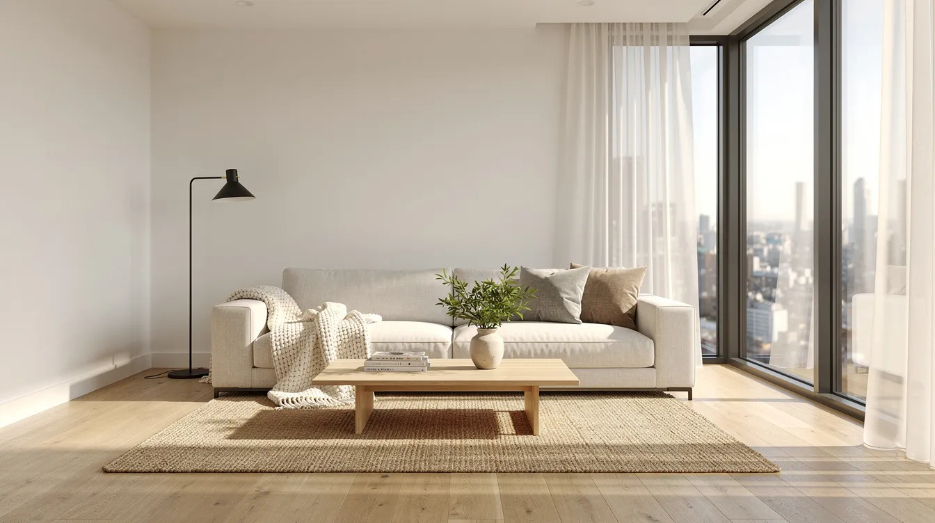 The image showcases a bright modern living room featuring neutral-toned furniture, including a stylish modular sofa adorned with plush cushions, and large windows that invite natural light. This contemporary space exemplifies the aesthetic appeal of quality furniture, perfect for Australian homes, combining functionality with clean lines and a minimalist design.