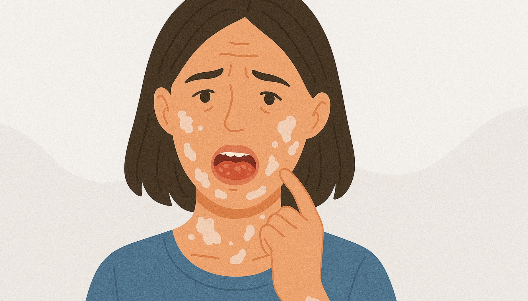 Kvinne med lichen sclerosus viser hvite flekker i ansikt og munn, tydelige symptomer på hudsykdom.