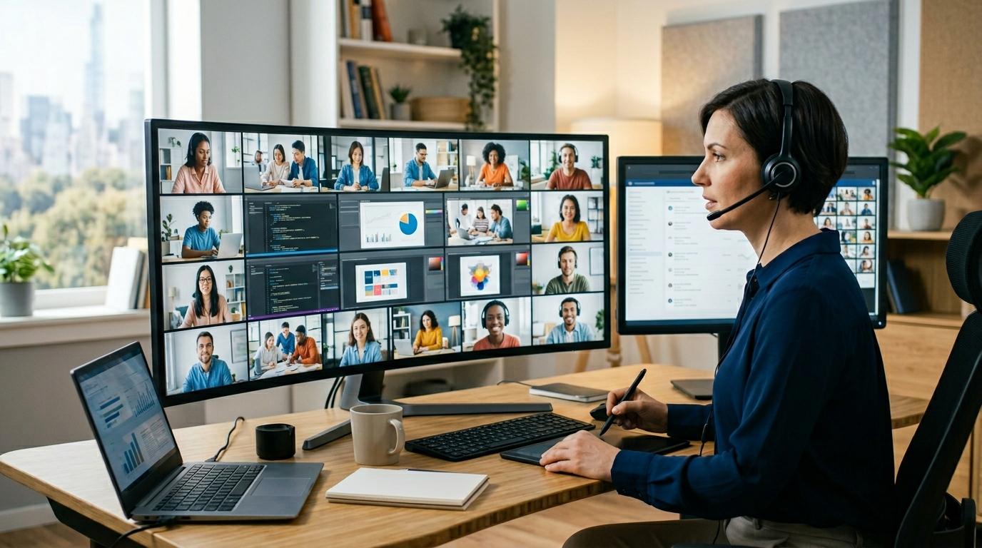 Modern virtual classroom with an instructor monitoring multiple student workspaces simultaneously while students collaborate on assignments and hands-on software activities.