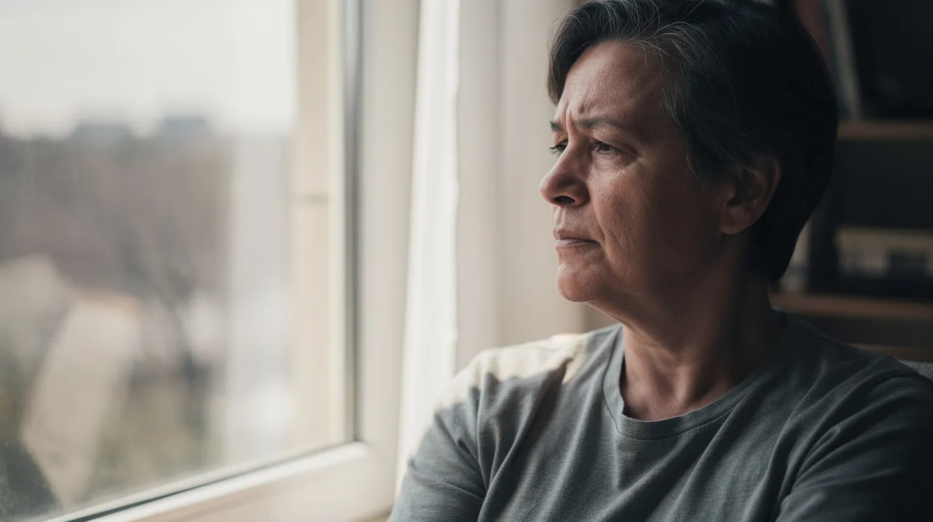 A middle-aged person sits contemplatively by a window, reflecting on their well-being and the potential impacts of hormonal imbalances, such as mood swings and energy levels. The serene atmosphere suggests a moment of introspection, possibly related to hormone replacement therapy and its benefits for overall health.
