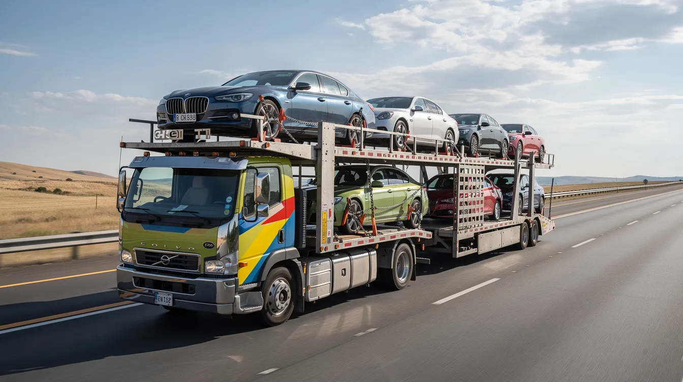 A large multi-car carrier truck is driving along an open highway, showcasing several sedans securely fastened on both its upper and lower decks, highlighting the efficiency of car shipping services in transporting multiple vehicles. This scene exemplifies the auto transport industry’s capability to move cars safely across long distances.