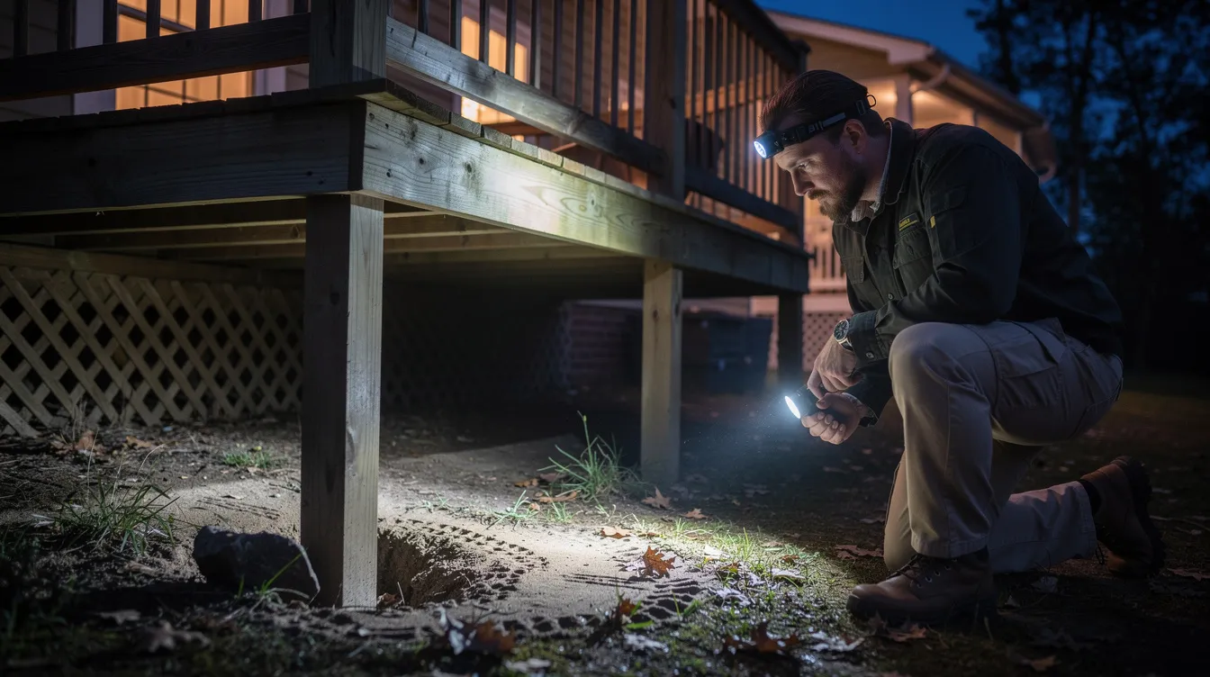A wildlife technician is conducting a thorough inspection at dusk, using a flashlight to check the base of a residential wooden deck for signs of nuisance wildlife such as skunks or raccoons. This professional wildlife removal service aims to identify entry points and ensure safe, humane removal to protect the property and its inhabitants.