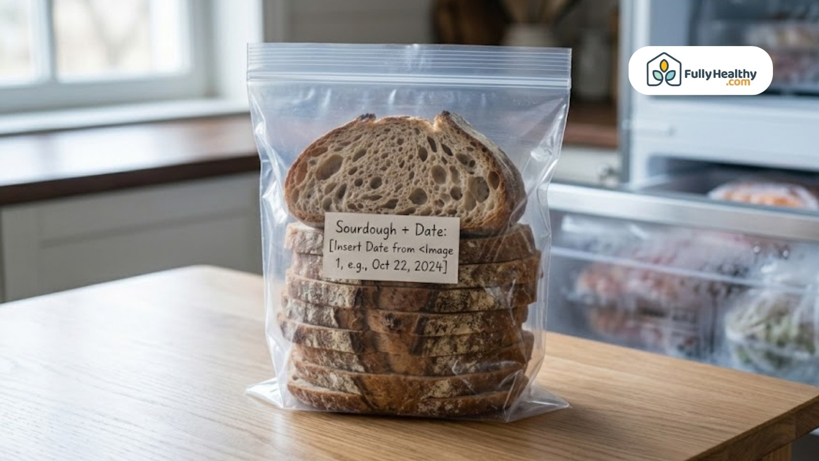 Sliced sourdough stored in labeled plastic bag by refrigerator