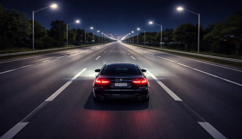 car driving at night with bright LED headlights improving visibility