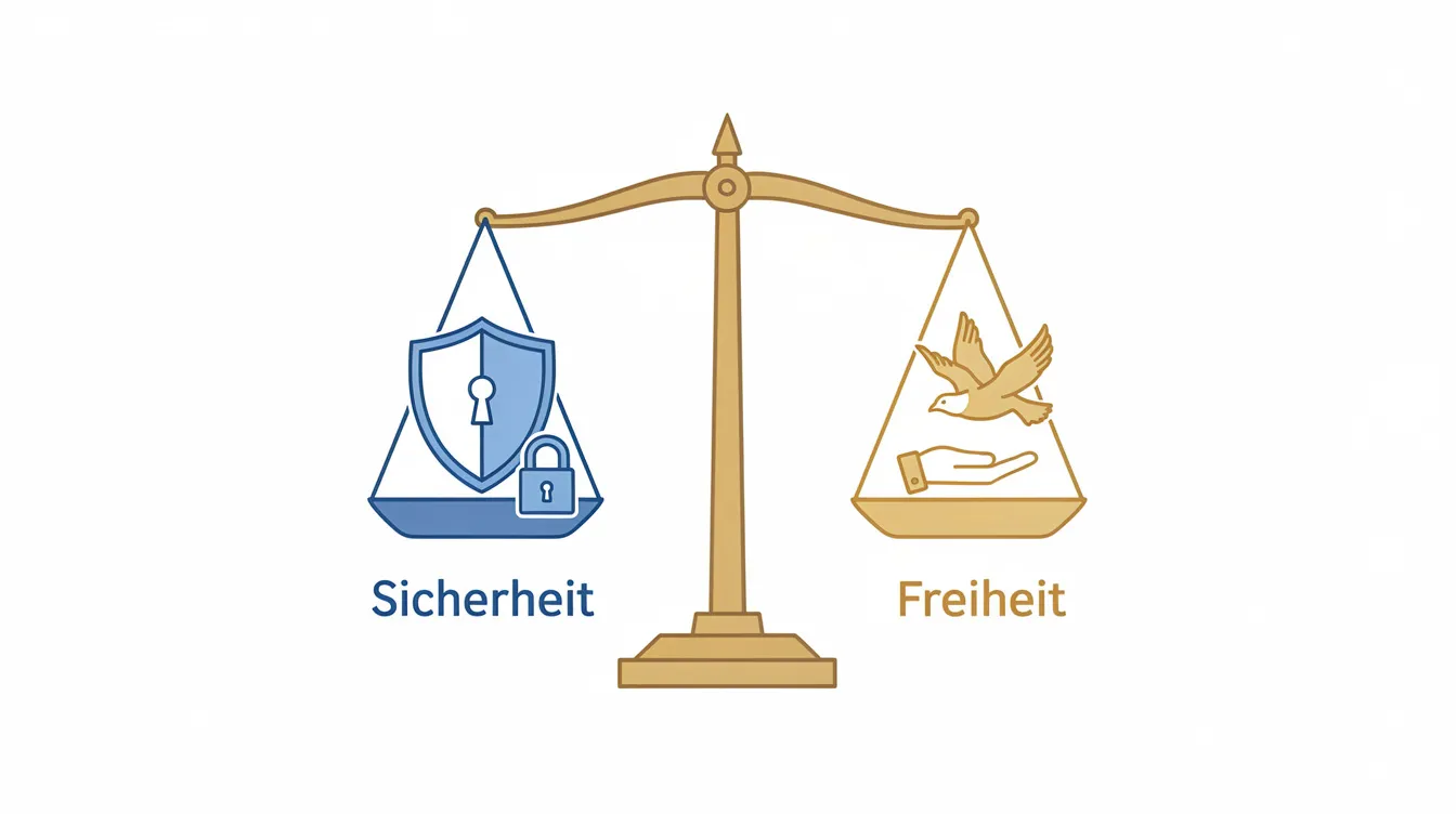 Das Bild zeigt eine Waage, auf der einerseits Symbole für Sicherheit und andererseits für Freiheit abgebildet sind. Diese Darstellung verdeutlicht die Balance zwischen den verschiedenen Aspekten von Sportwetten, wie den Einsatzlimits und der Flexibilität, die Wettanbieter ohne Limitierung bieten.