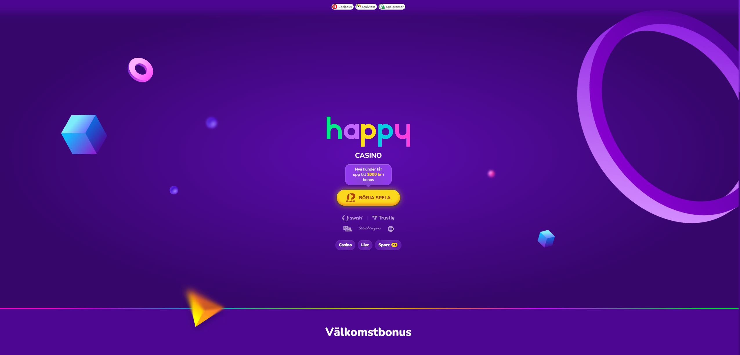 Happy Casino startsida med välkomstbonus på upp till 1 000 kr och betalning via Swish eller Trustly.