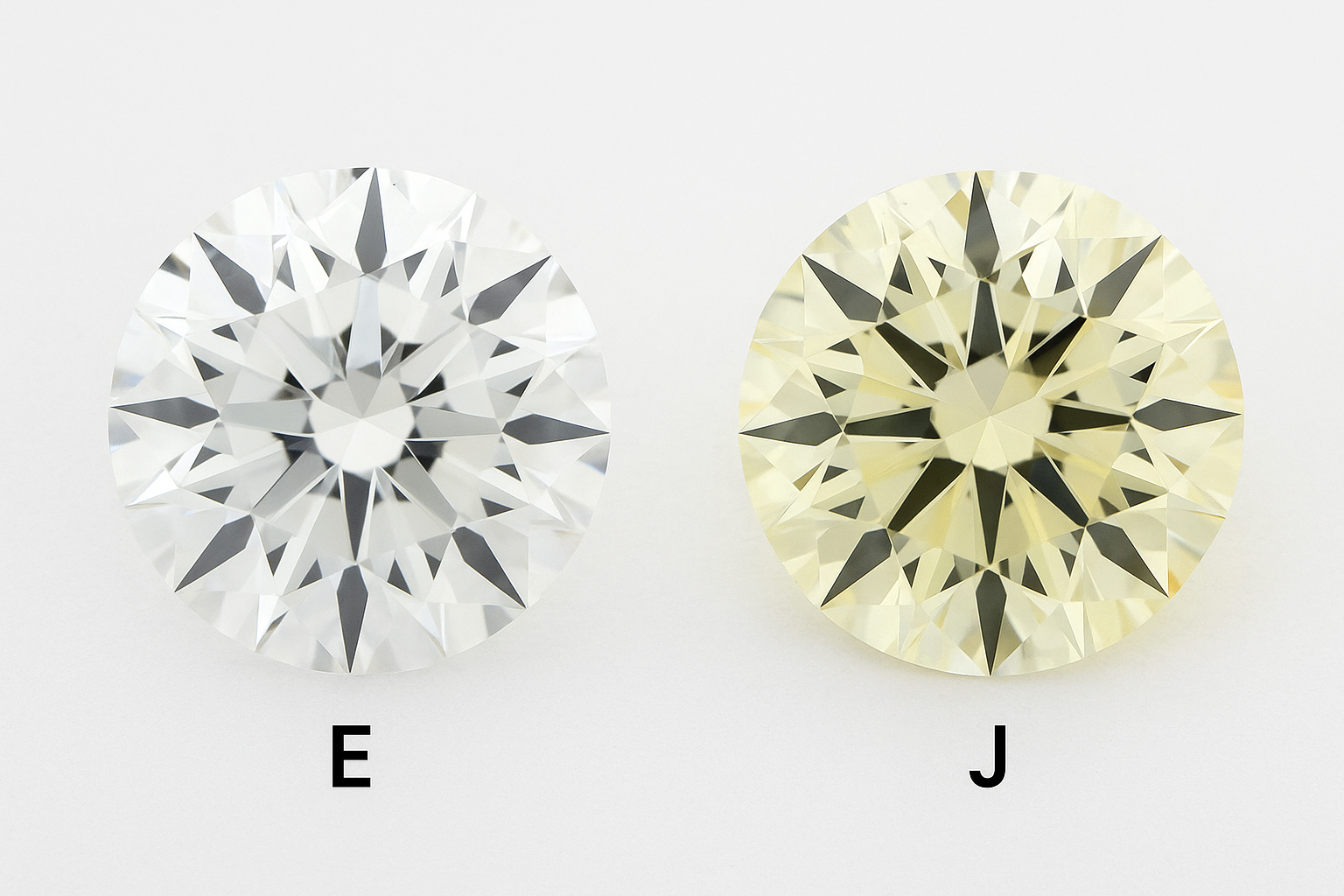 Palyginimas baltame fone E spalvos beveik bespalvis briliantas ir J spalvos deimantas su ryškiu gelsvu atspalviu