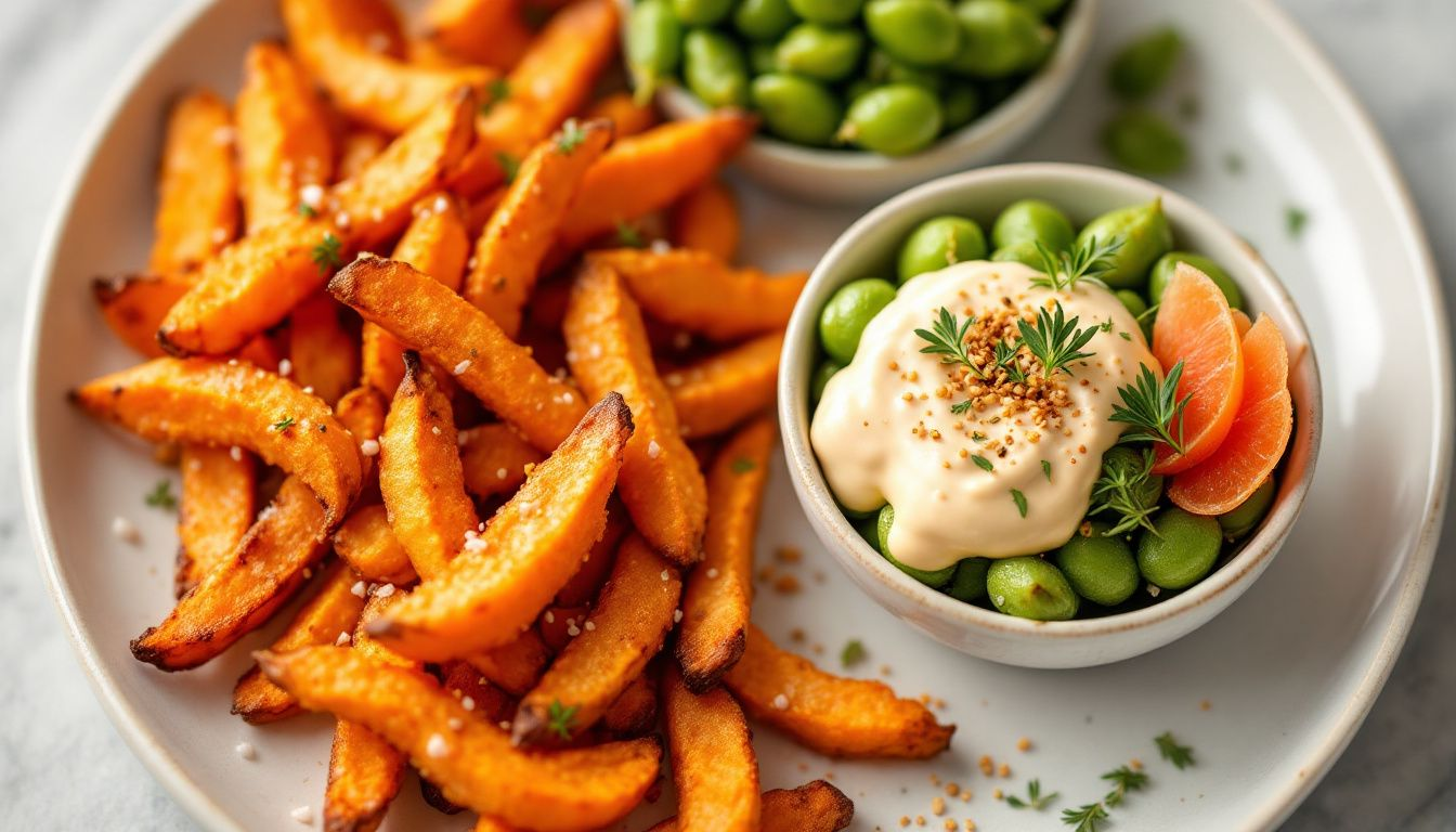 Gluten Free Vegan Appetizer: A plate of crispy finger foods, including air fryer sweet potato fries and sesame spiced edamame.