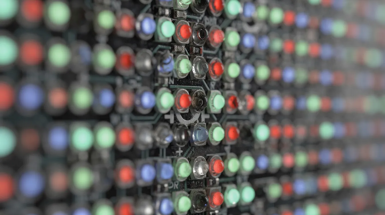 A close-up photograph of an LED video wall panel showcases the tiny red, green, and blue diodes that compose each pixel, highlighting the fine pixel pitch and the intricate details of the LED technology. This image emphasizes the visual quality and resolution pixel pitch essential for high-definition video displays.