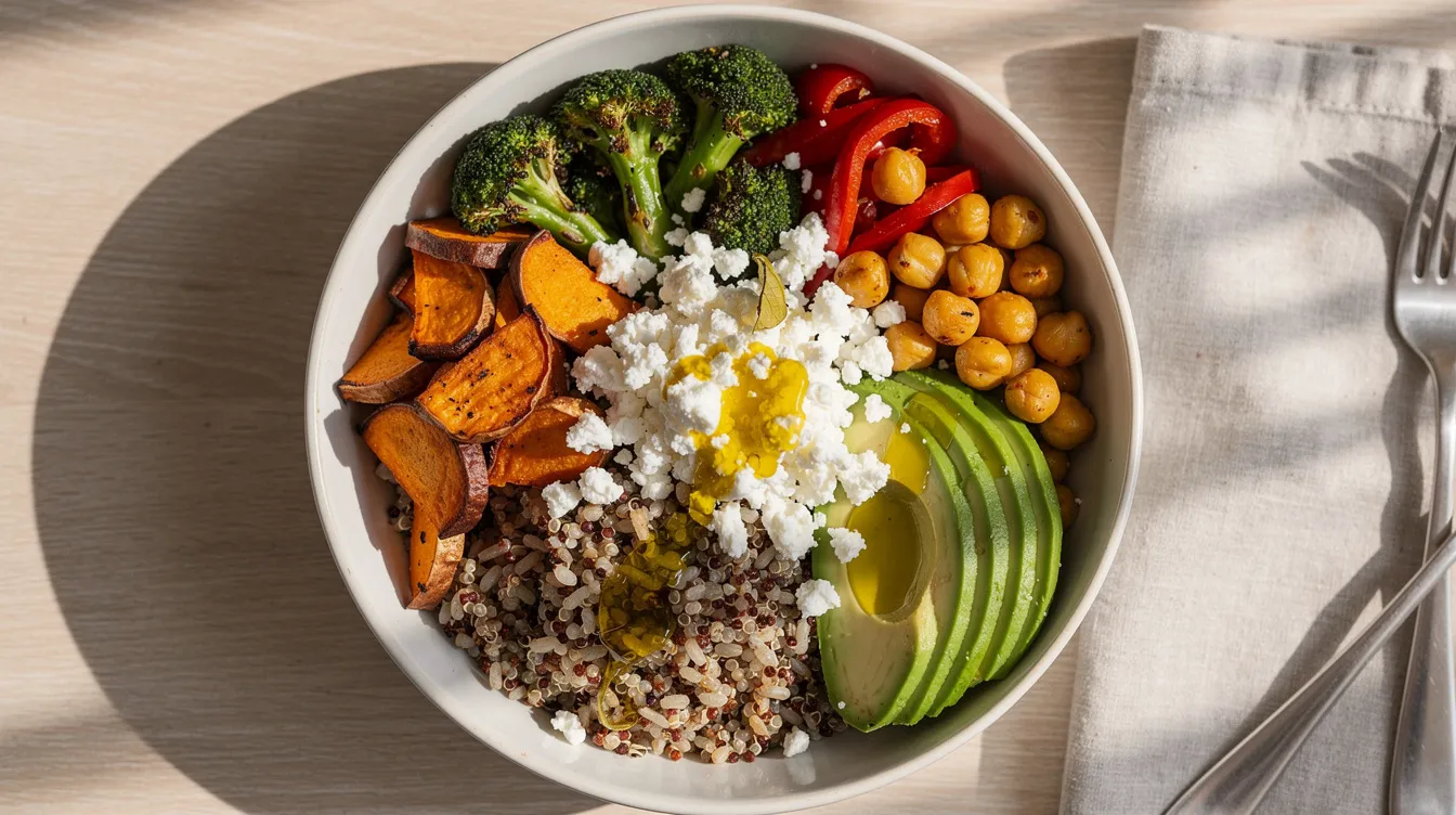 An overhead view of a vibrant grain bowl featuring roasted vegetables, creamy avocado, crumbled feta cheese, and a drizzle of golden olive oil, all beautifully arranged on a light wooden table, perfect for healthy eating and easy meal prep ideas. This colorful dish showcases a balance of flavors and nutrition, making it a satisfying option for lunch or dinner.