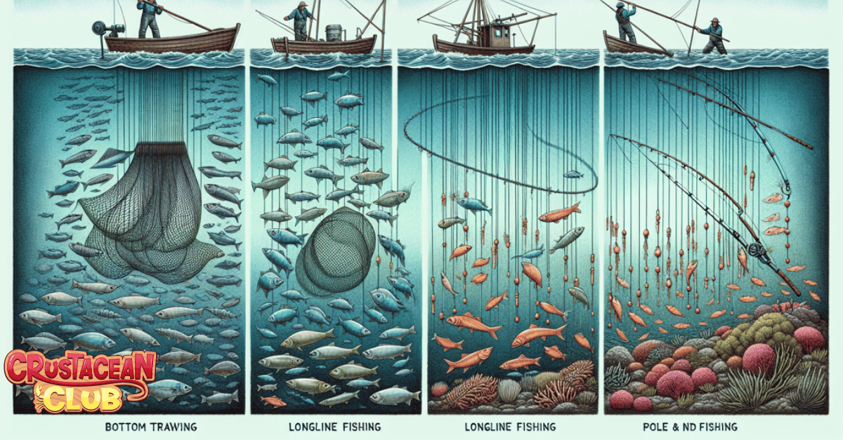 Illustration of different fishing methods - bottom trawling, longline, and pole and line fishing