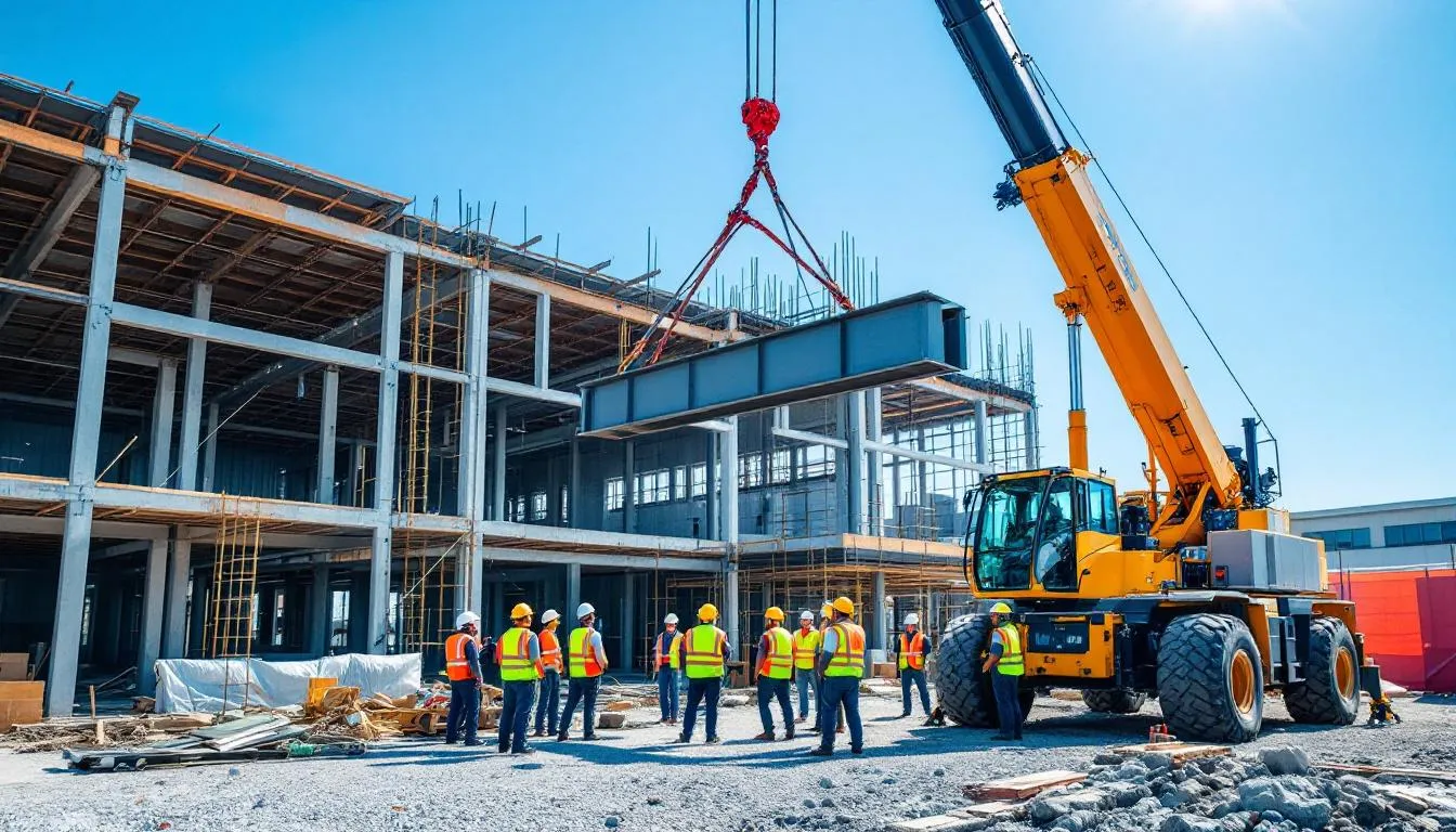 The image depicts a bustling construction site where skilled employees are actively working on building framework, surrounded by various equipment and materials. This scene illustrates the importance of practical experience and collaboration in the architecture and engineering industries.