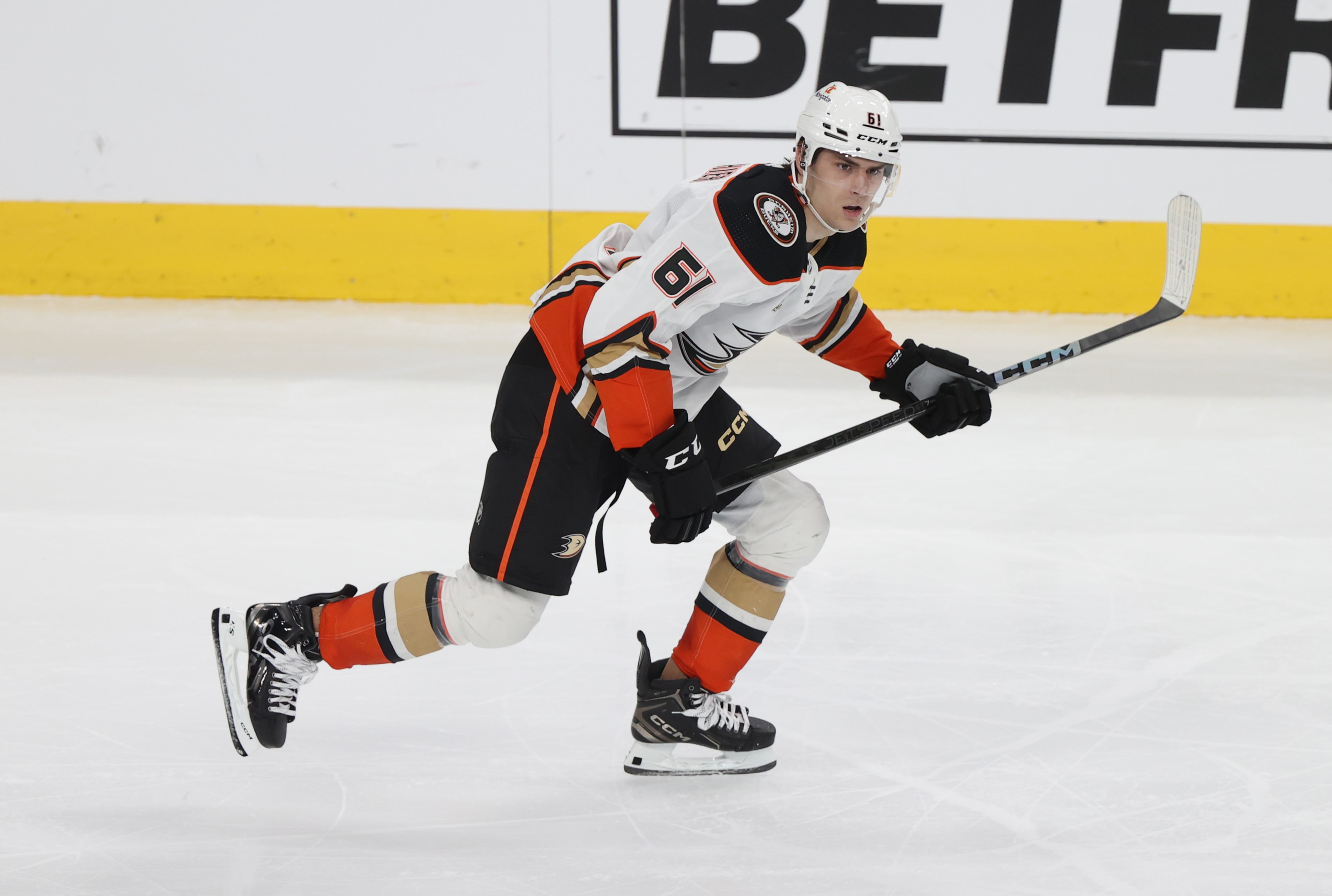 Cutter Gauthier of the Anaheim Ducks skates during the second period against the Vegas Golden Knights at T-Mobile Arena on April 18, 2024 in Las Vegas, Nevada.