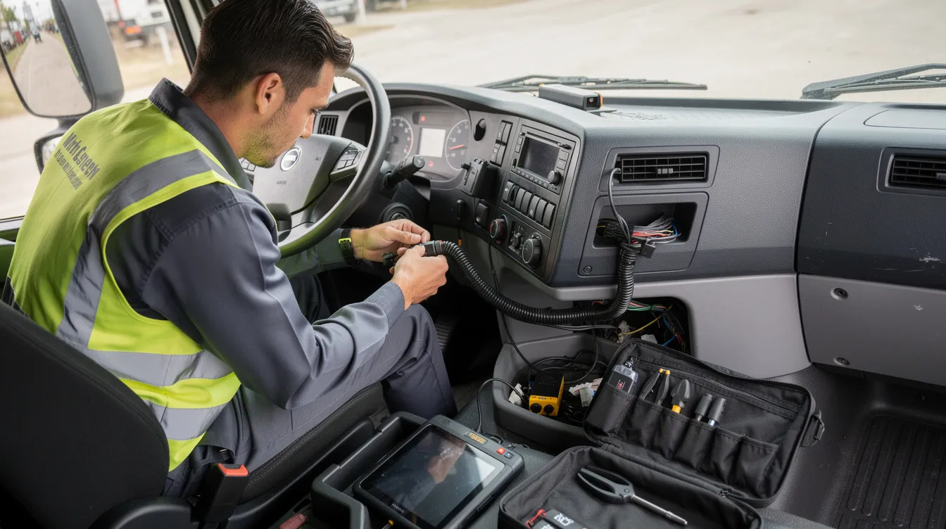 GPS Fleet Tracking System Installation:: A technician is seen installing a GPS tracking device in the cab of a commercial truck, carefully connecting it to a wiring harness. This installation is part of a fleet management system aimed at enhancing fleet tracking, optimizing routes, and monitoring driver behavior to improve operational efficiency and reduce fuel costs.