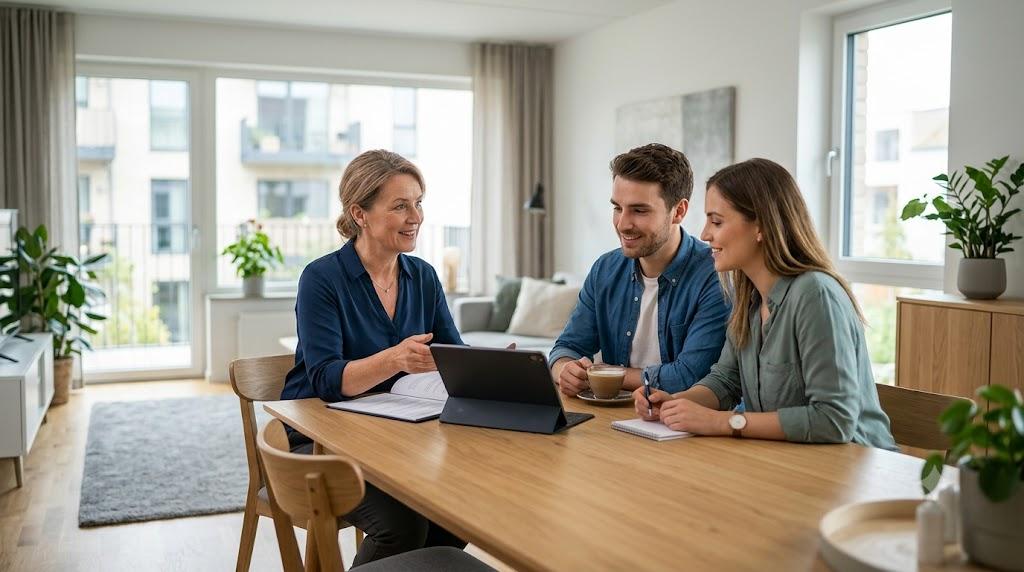 Property manager engaging in effective tenant communication with renters to build a positive relationship through responsive communication in a modern apartment.