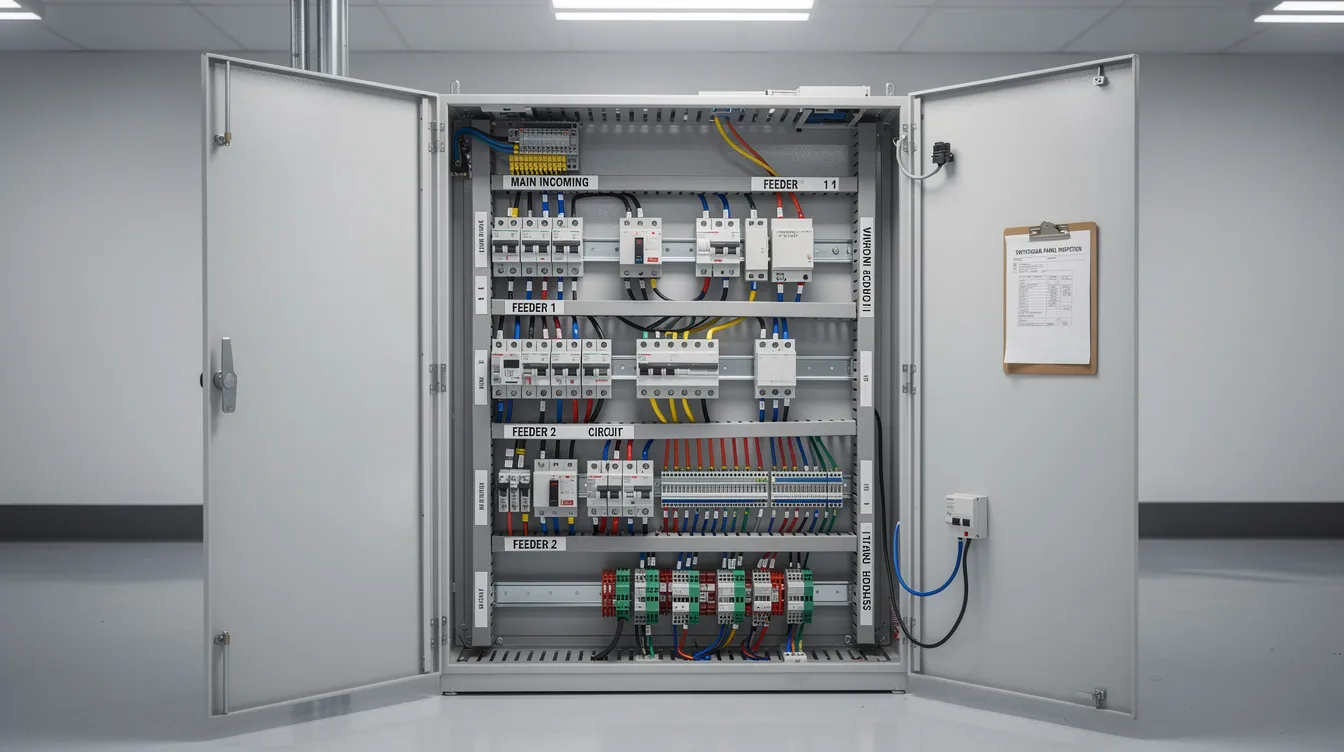 The image depicts a newly installed modern industrial electrical switchgear panel, featuring clean labeling and organized switchgear components. This low voltage switchgear system is designed for optimal electrical distribution, ensuring proper maintenance and operational continuity for electrical installations in industrial facilities.