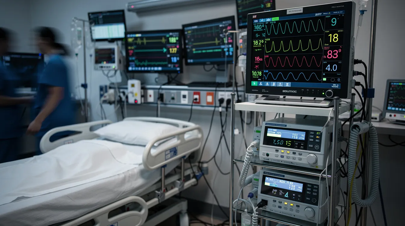 The image depicts advanced medical monitoring equipment and various screens in a bustling hospital emergency room, where medical professionals are focused on providing urgent care. This setting highlights the critical importance of timely treatment and the potential consequences of emergency room negligence and malpractice.