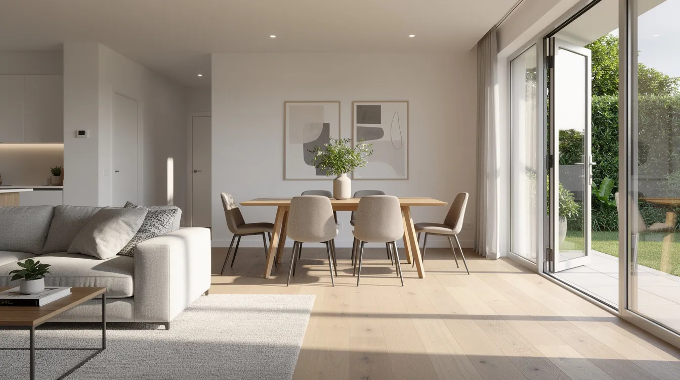 The image depicts a spacious modern open-plan living and dining room, featuring large sliding glass doors that allow sunlight to stream in, creating a warm and inviting atmosphere. This bright space is ideal for relaxation and comfort, enhanced by the efficient cooling of Samsung air conditioners, ensuring a pleasant indoor temperature.