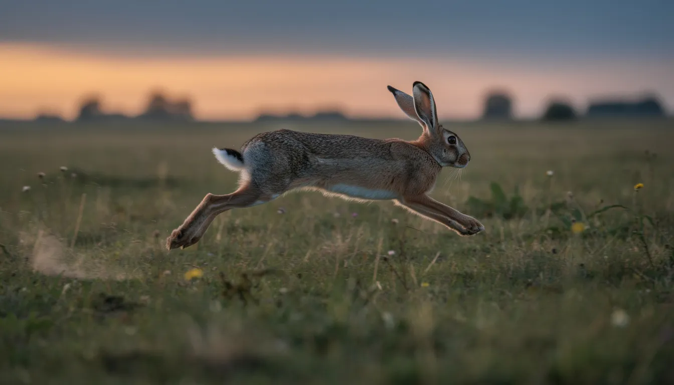 A European brown hare is sprinting across an open grassland field at dusk, showcasing its powerful hind legs and long ears as it moves swiftly through the tall grasses. The dark brown fur of the hare blends with the fading light, highlighting its agility in the wild habitat.