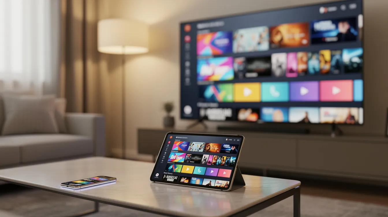 The image shows a smartphone, tablet, and television all displaying vibrant streaming content, highlighting the versatility of IPTV services for accessing live TV channels and on-demand entertainment. This setup illustrates the convenience of modern streaming technology for users seeking unlimited entertainment across multiple devices.